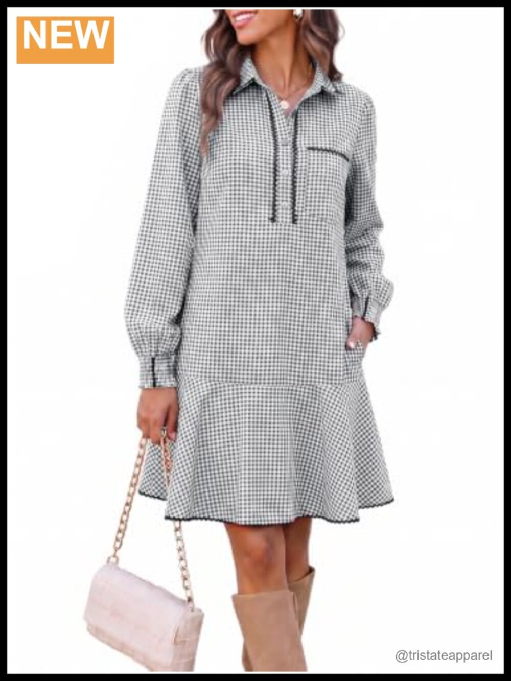 Women's Long Sleeve Mini Dress Gingham Plaid Shirt Dress Casual Fall